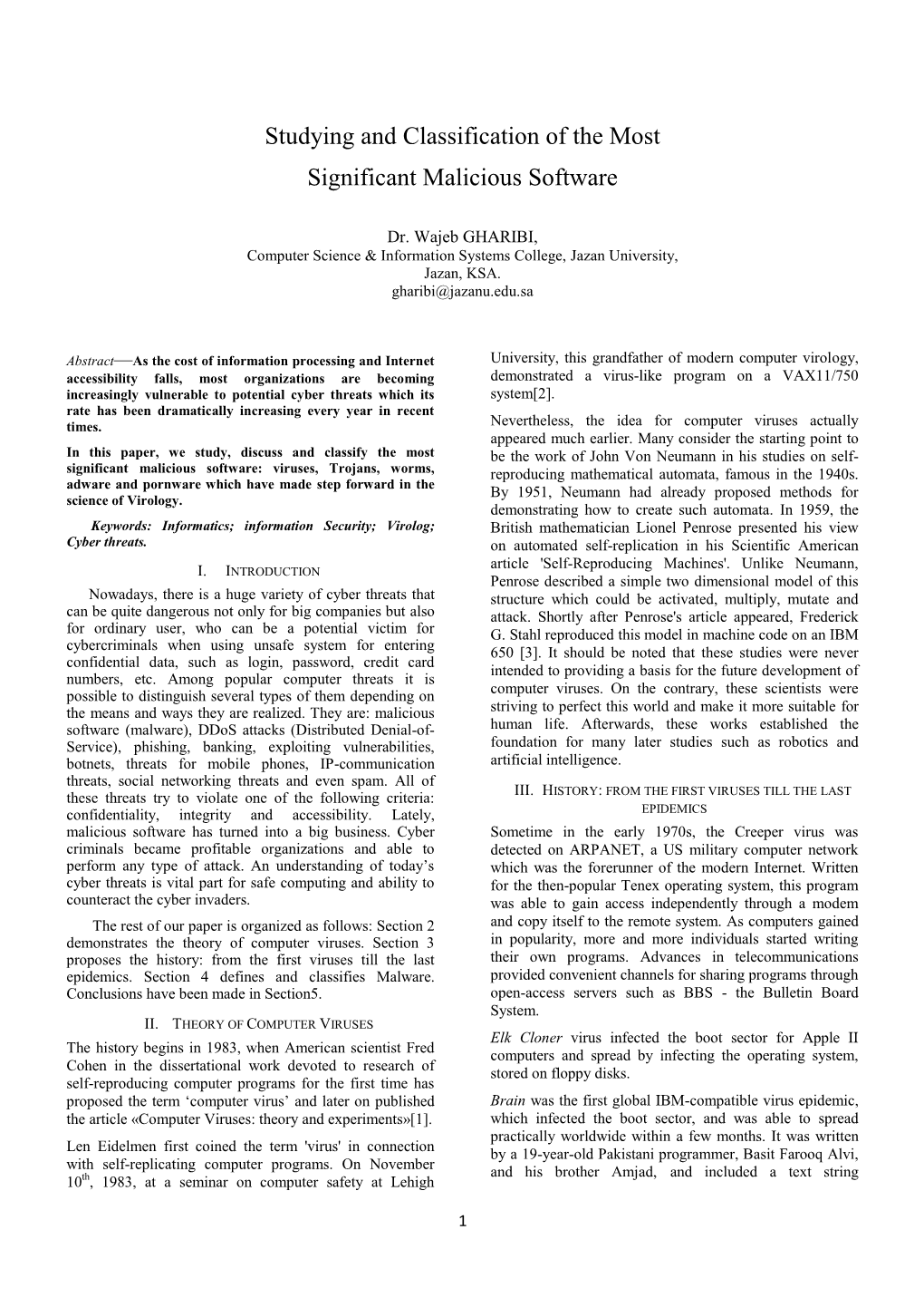 Studying and Classification of the Most Significant Malicious Software