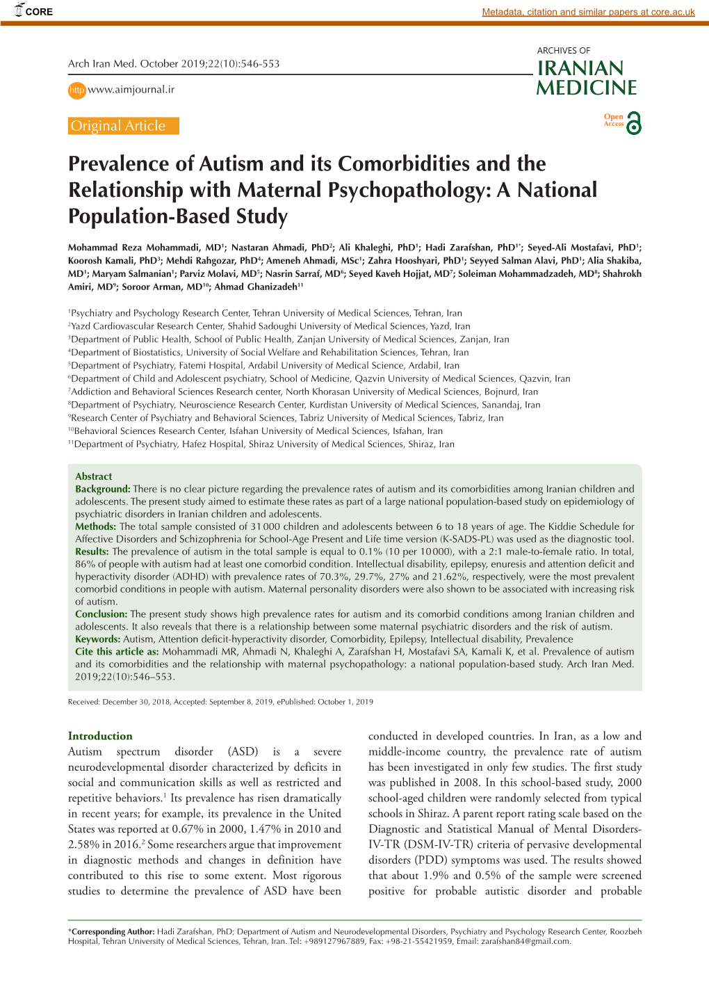 Prevalence of Autism and Its Comorbidities and the Relationship with Maternal Psychopathology: a National Population-Based Study