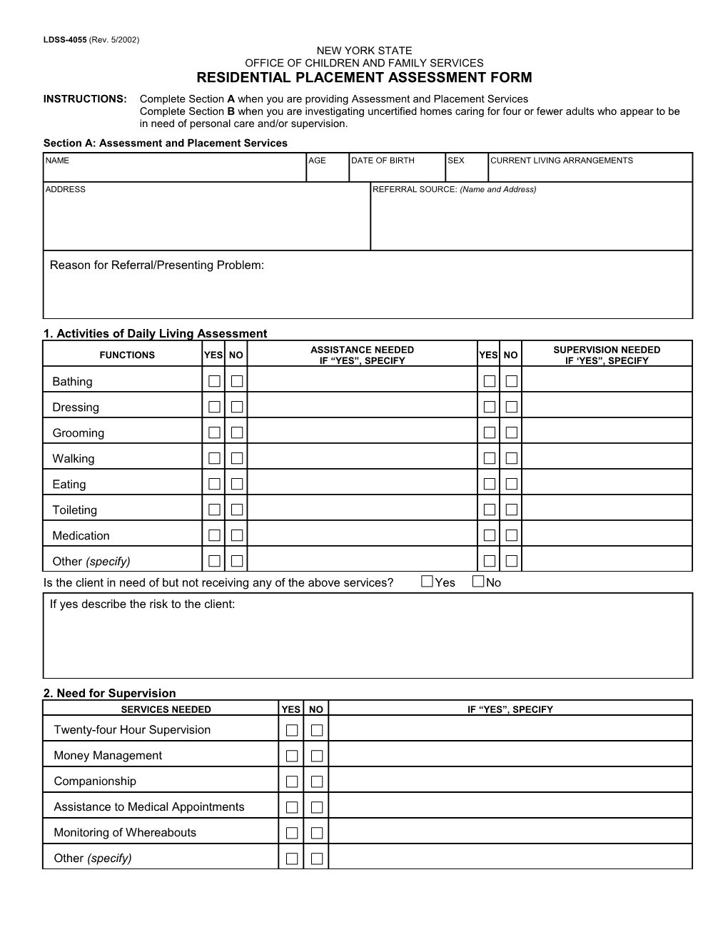 Residential Placement Assessment Form