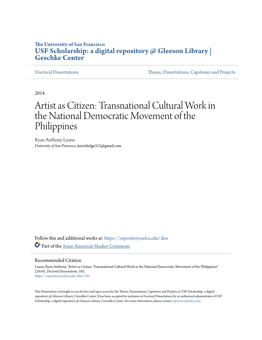 Transnational Cultural Work in the National Democratic Movement of the Philippines Ryan Anthony Leano University of San Francisco, Knowledge312@Gmail.Com