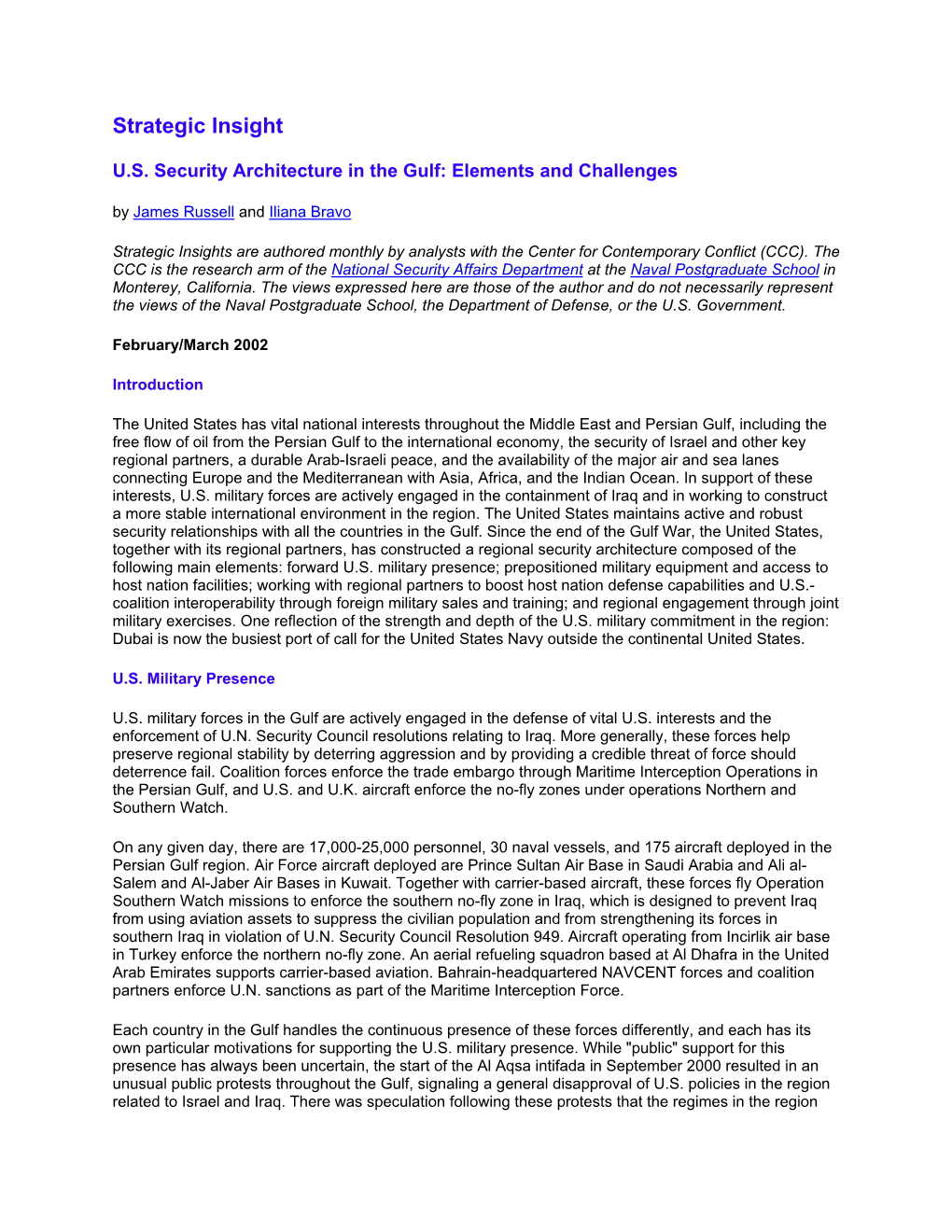 U.S. Security Architecture in the Gulf: Elements and Challenges by James Russell and Iliana Bravo