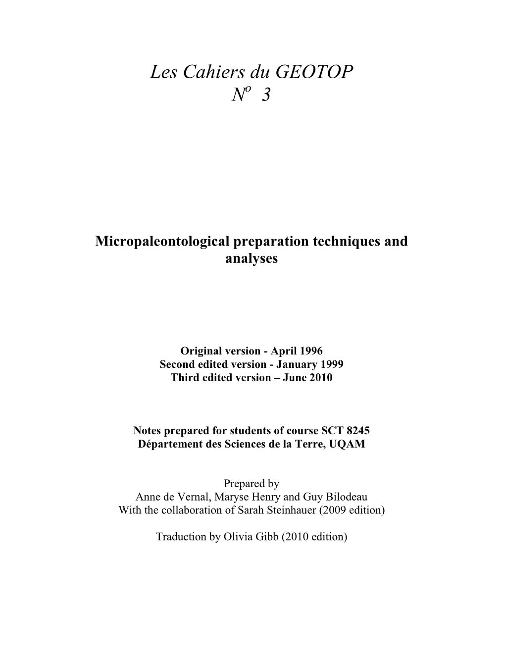 Micropaleontological Preparation Techniques and Analyses