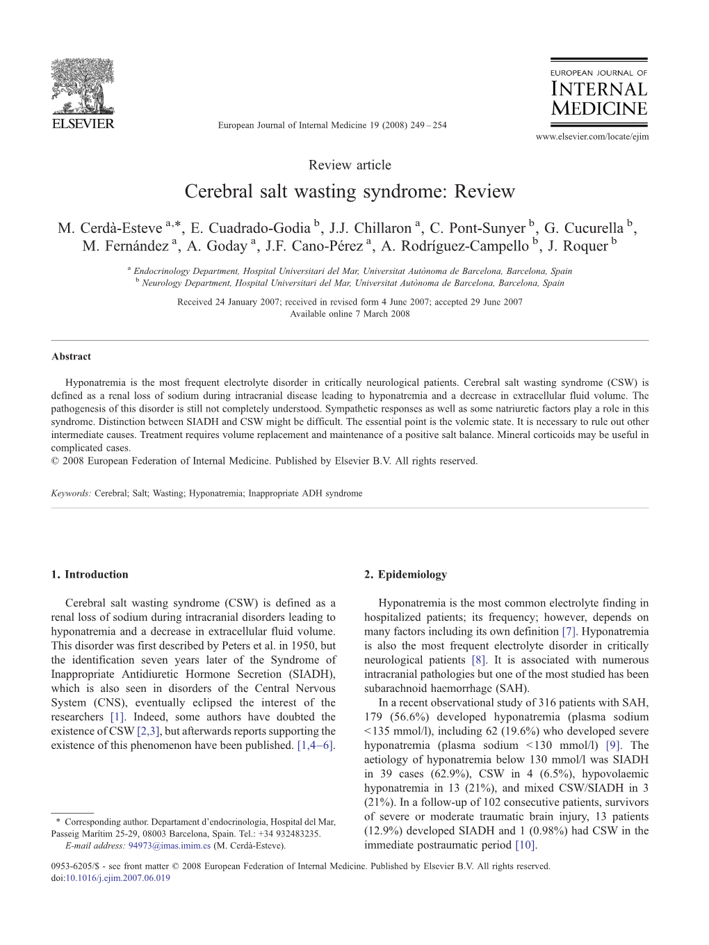 Cerebral Salt Wasting Syndrome: Review ⁎ M