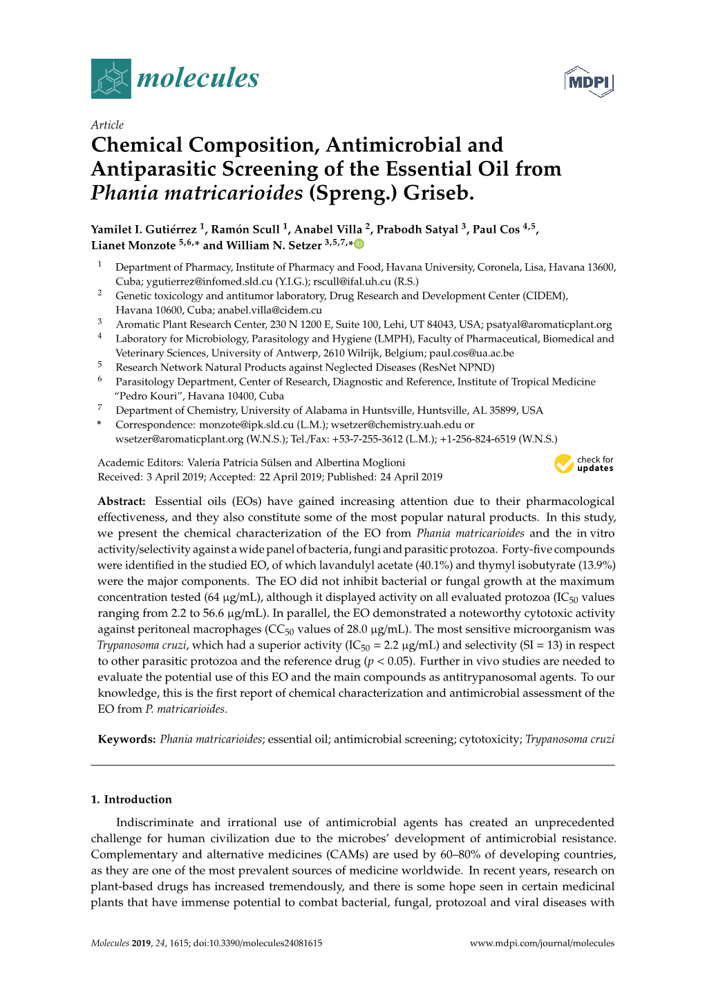 Chemical Composition, Antimicrobial and Antiparasitic Screening of the Essential Oil from Phania Matricarioides (Spreng.) Griseb