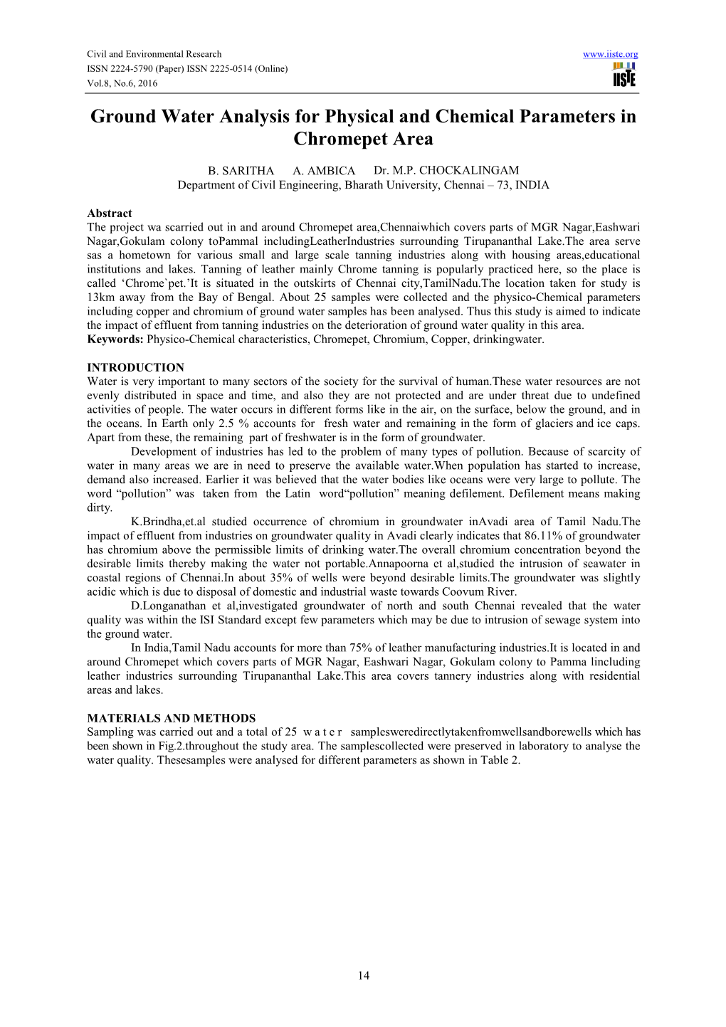 Ground Water Analysis for Physical and Chemical Parameters in Chromepet Area