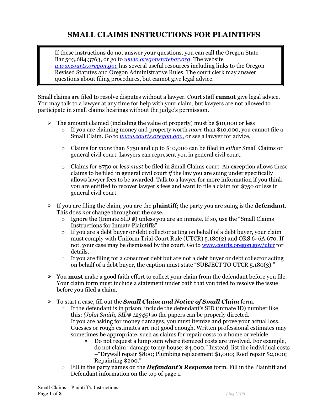 Small Claims Instructions for Plaintiffs