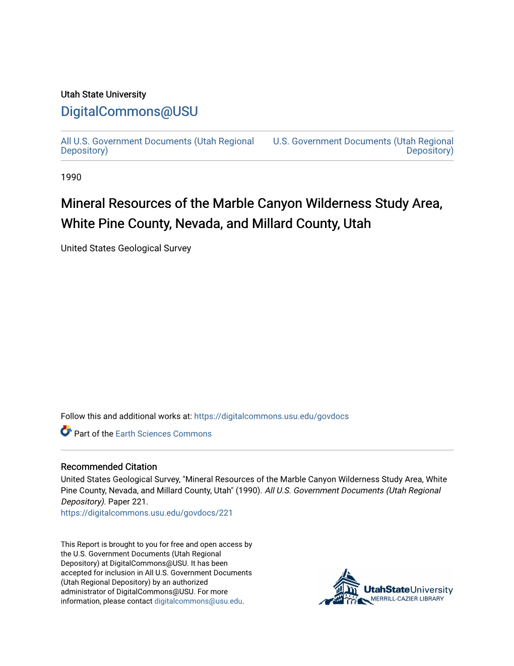 Mineral Resources of the Marble Canyon Wilderness Study Area, White Pine County, Nevada, and Millard County, Utah