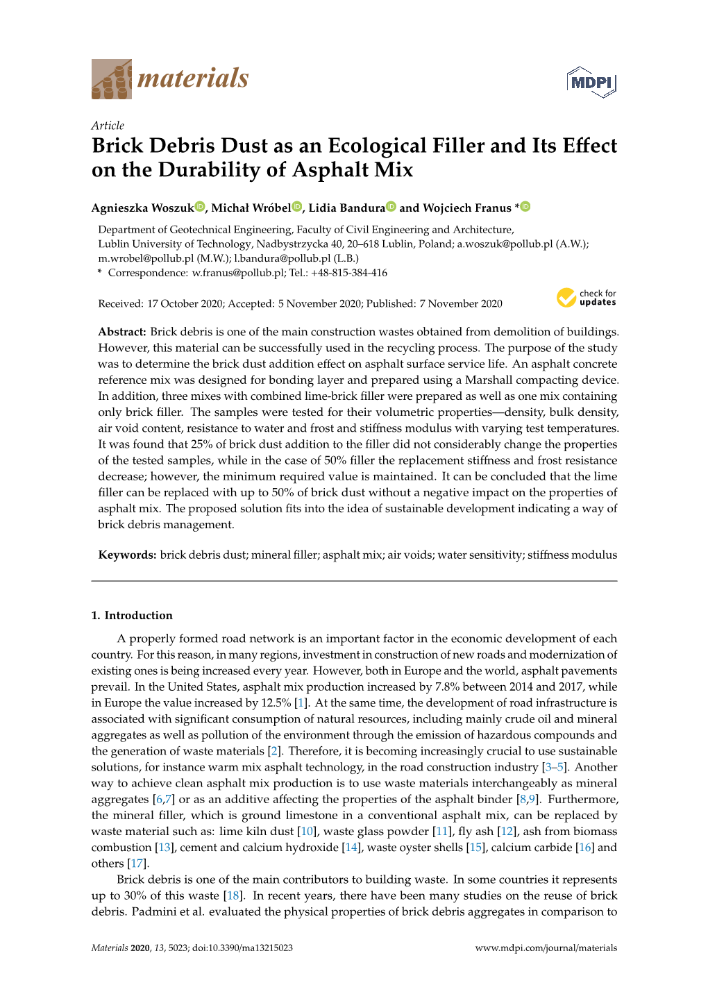 Brick Debris Dust As an Ecological Filler and Its Effect on the Durability