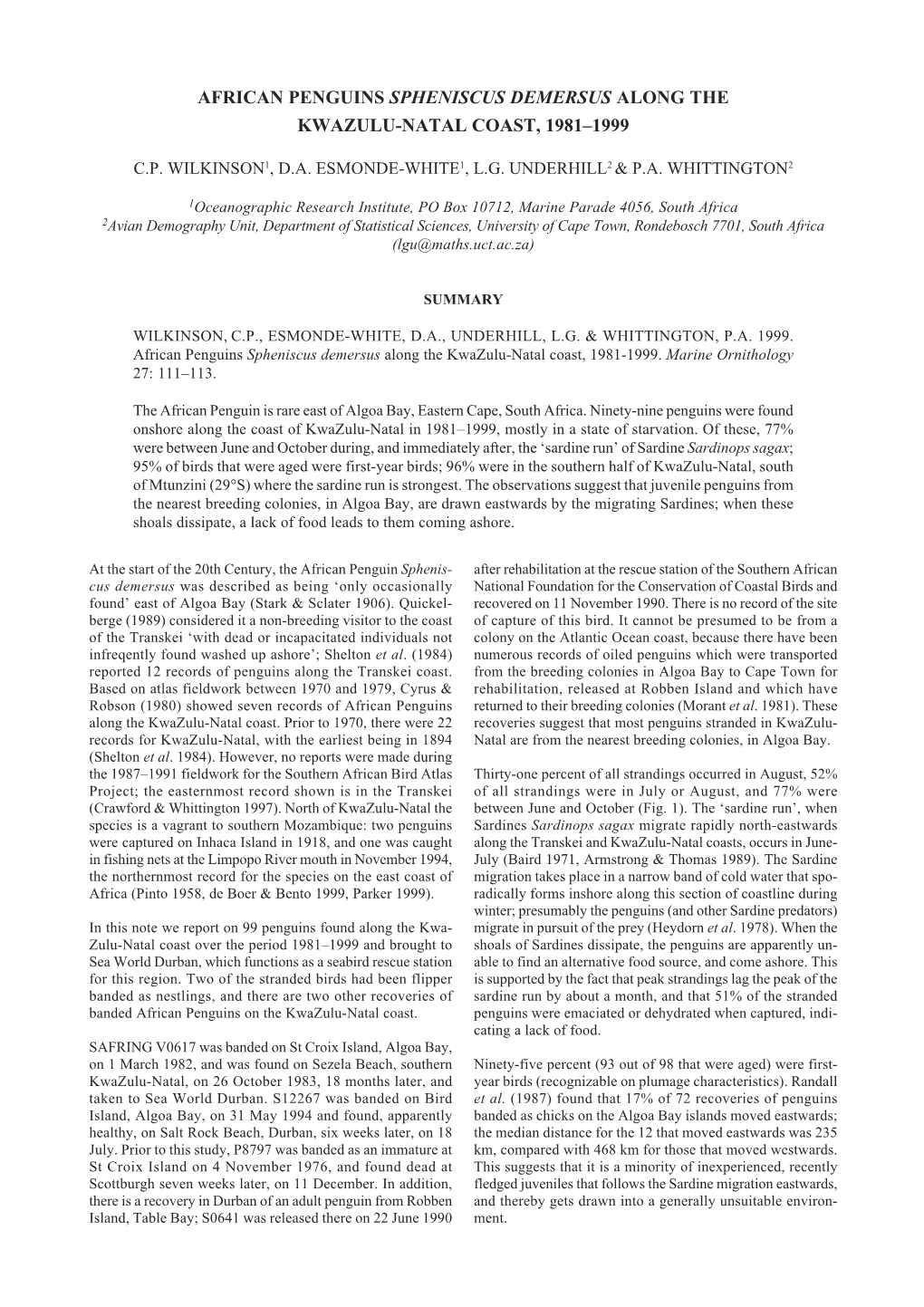 African Penguins Spheniscus Demersus Along the Kwazulu-Natal Coast, 1981–1999