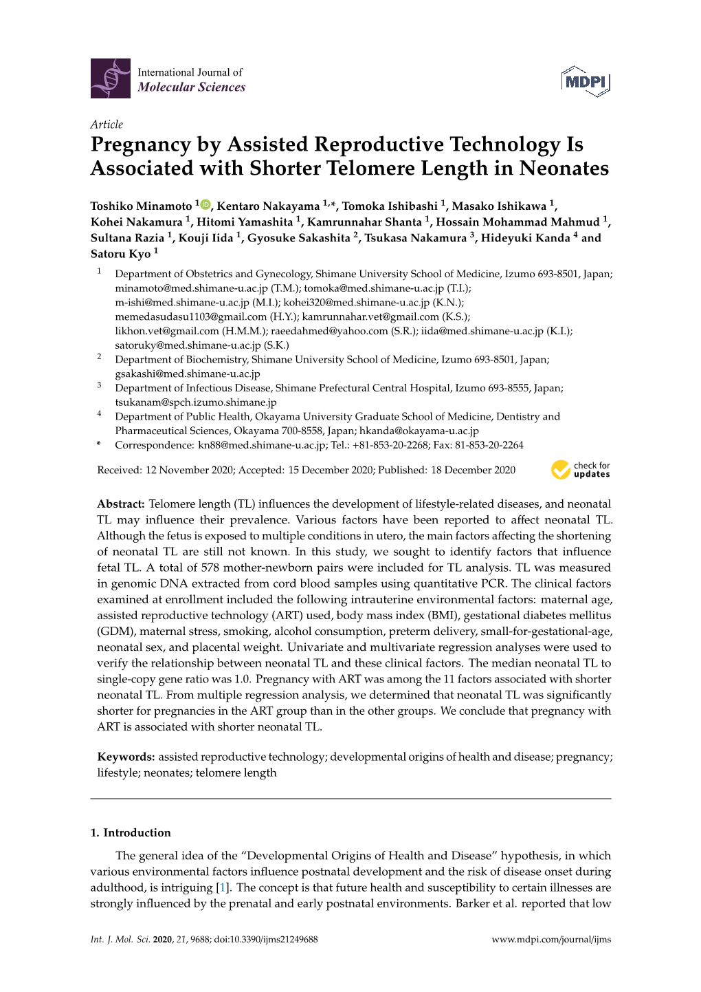 Pregnancy by Assisted Reproductive Technology Is Associated with Shorter Telomere Length in Neonates