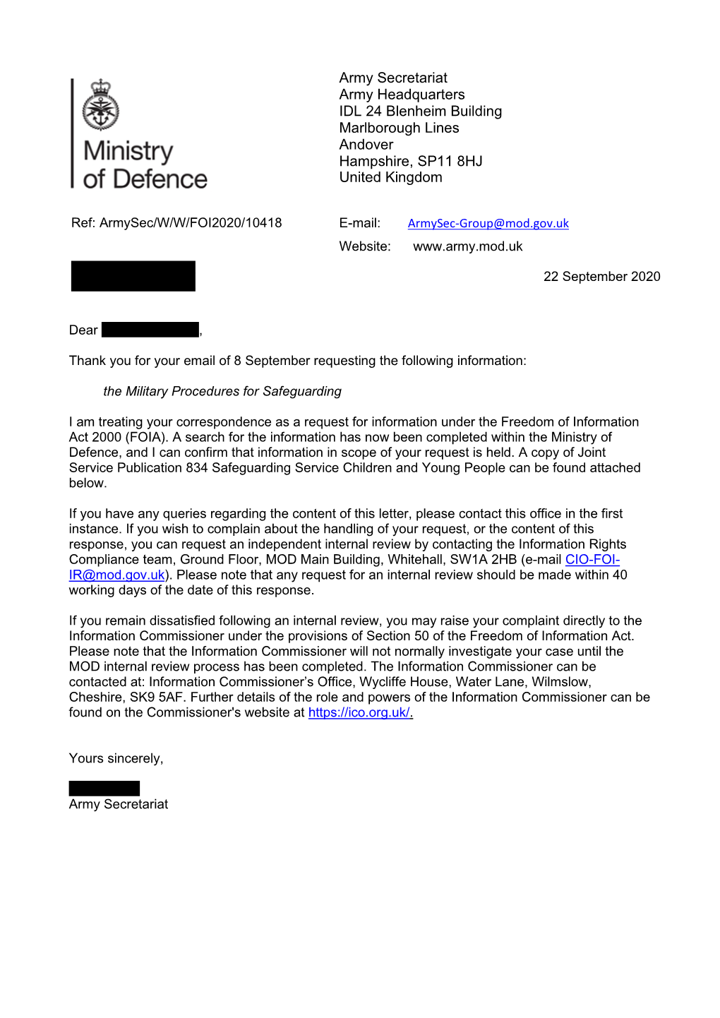 Information Regarding the Military Procedures for Safeguarding