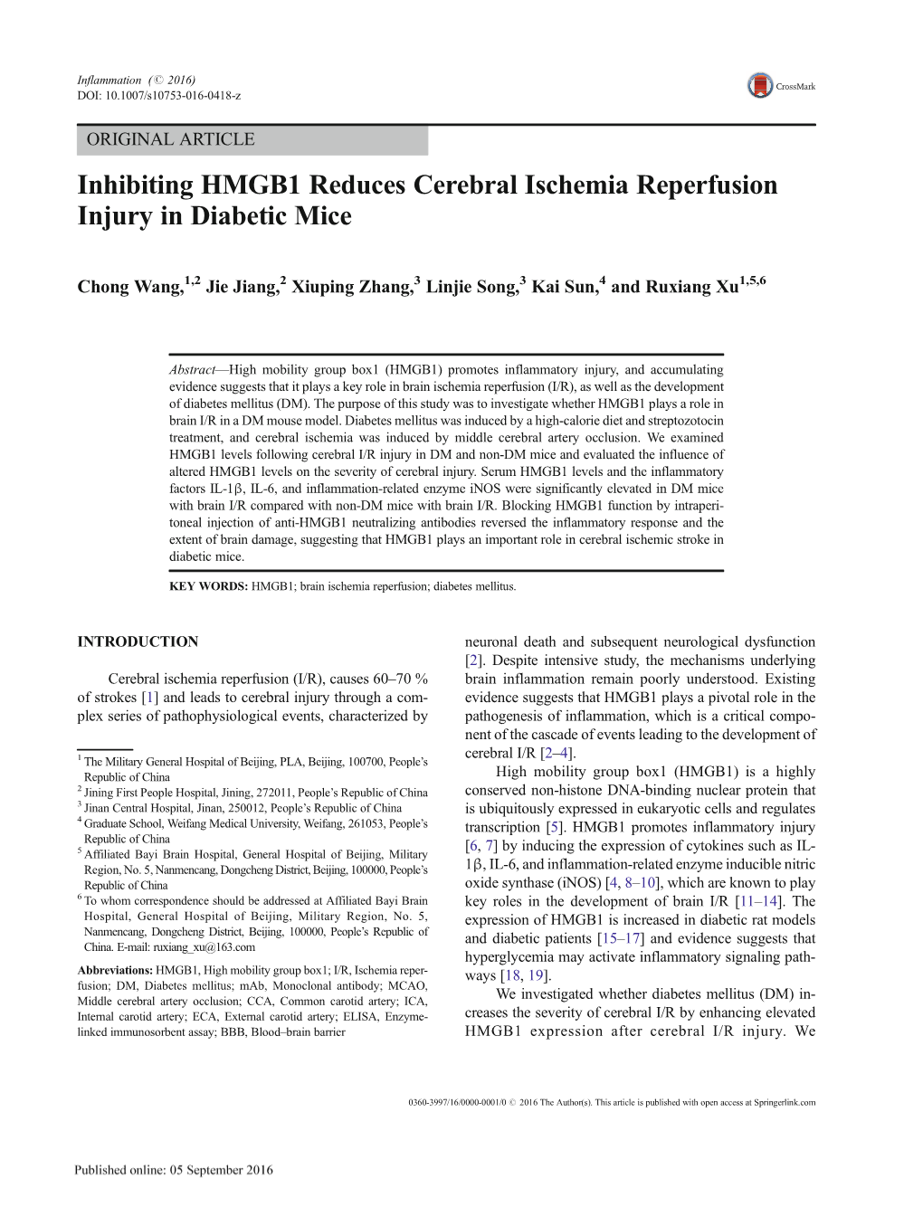 Inhibiting HMGB1 Reduces Cerebral Ischemia Reperfusion Injury in Diabetic Mice