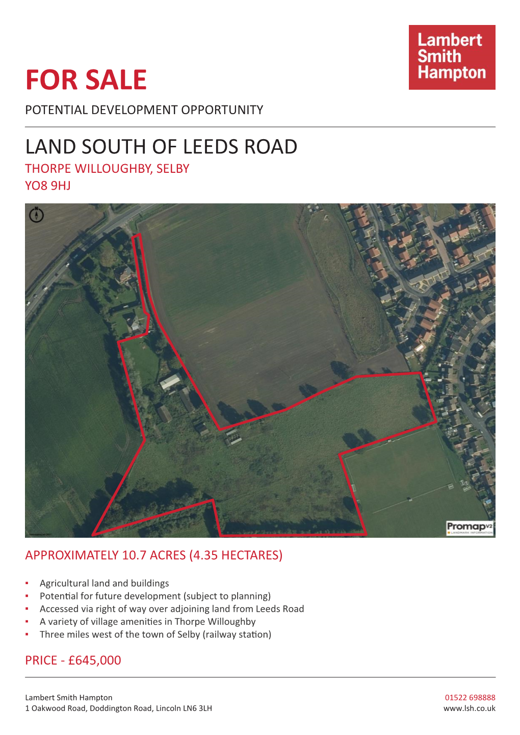 For Sale Potential Development Opportunity Land South of Leeds Road Thorpe Willoughby, Selby Yo8 9Hj
