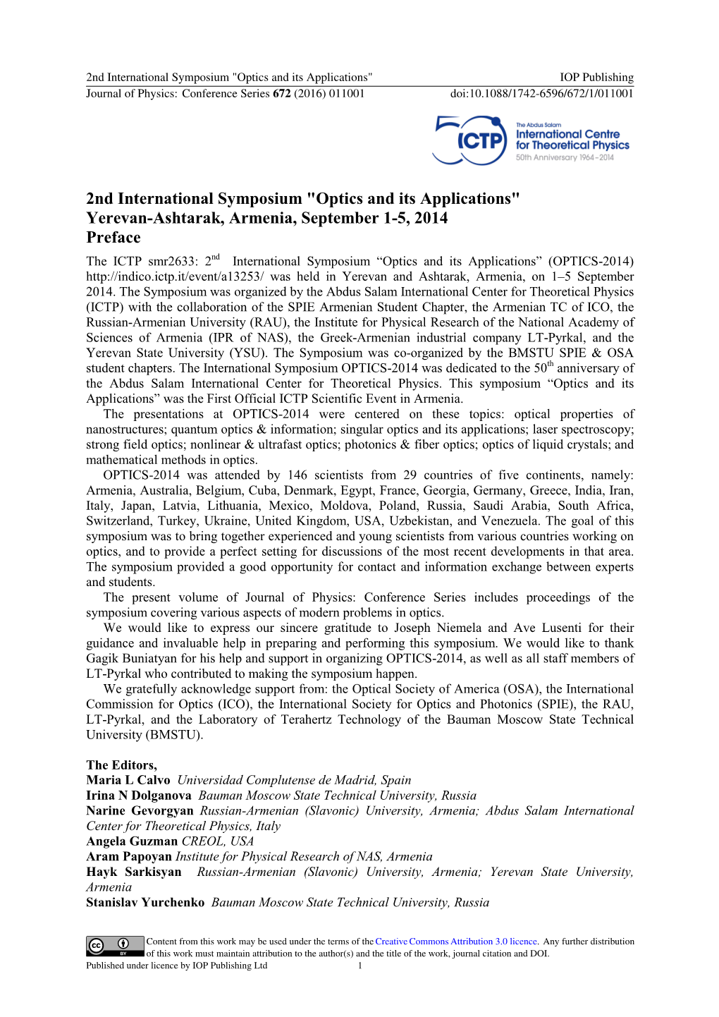 2Nd International Symposium "Optics and Its Applications" Yerevan