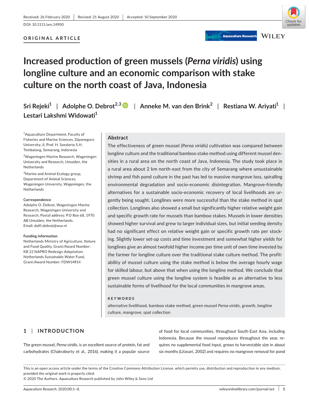 Perna Viridis) Using Longline Culture and an Economic Comparison with Stake Culture on the North Coast of Java, Indonesia