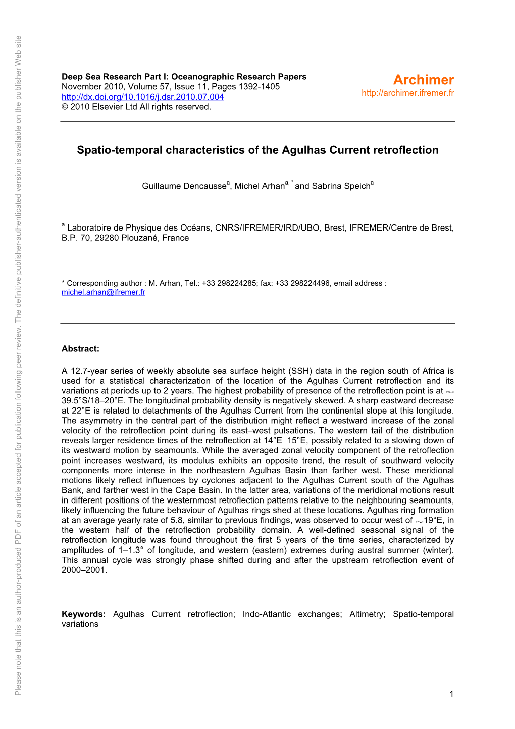 Spatio-Temporal Characteristics of the Agulhas Current Retroflection