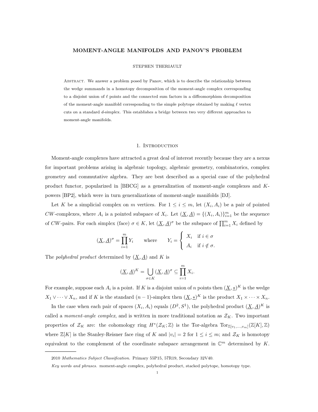 MOMENT-ANGLE MANIFOLDS and PANOV's PROBLEM 1. Introduction