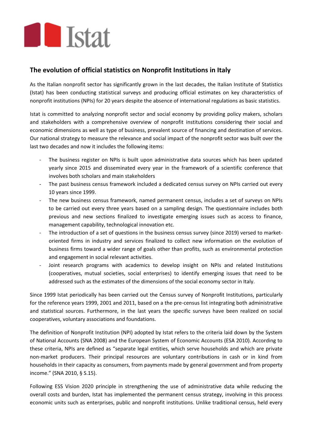 The Evolution of Official Statistics on Nonprofit Institutions in Italy, ISTAT