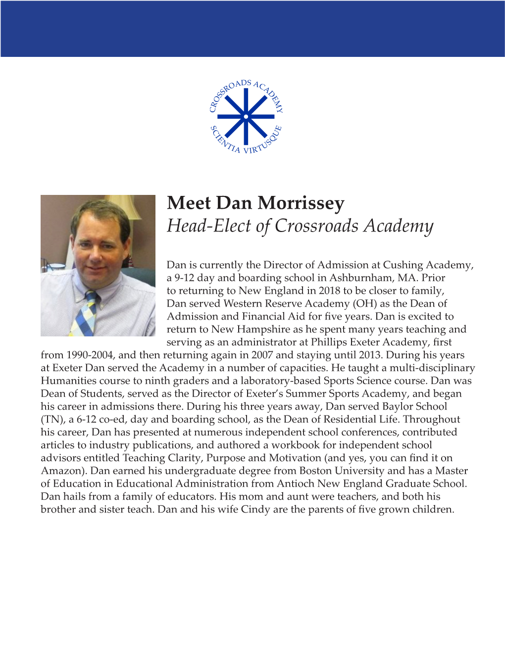 Meet Dan Morrissey Head-Elect of Crossroads Academy
