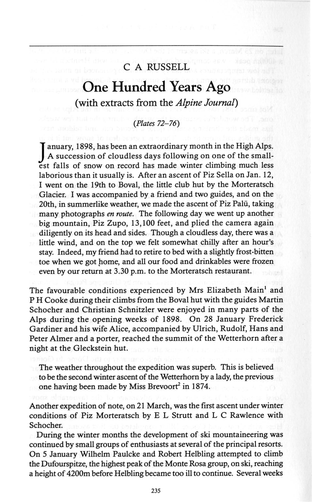 One Hundred Years Ago (With Extracts from the Alpine Journal)