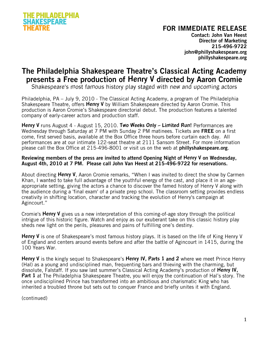 The Philadelphia Shakespeare Theatre's Classical Acting Academy