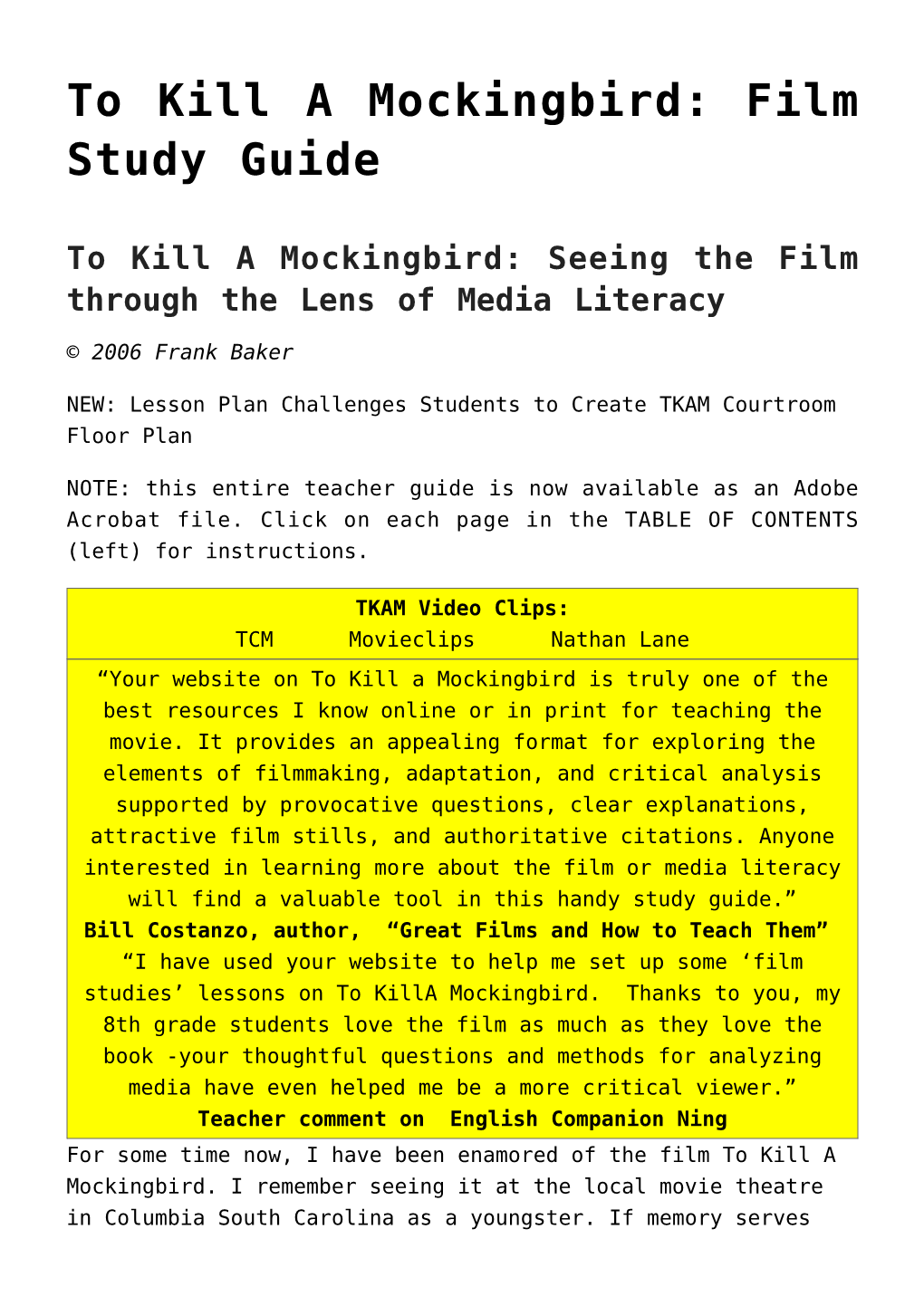 To Kill a Mockingbird: Film Study Guide