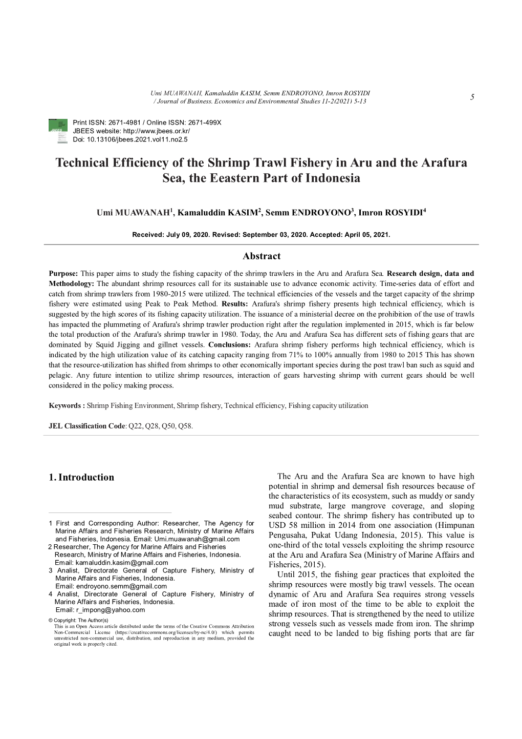 Technical Efficiency of the Shrimp Trawl Fishery in Aru and the Arafura Sea, the Eeastern Part of Indonesia