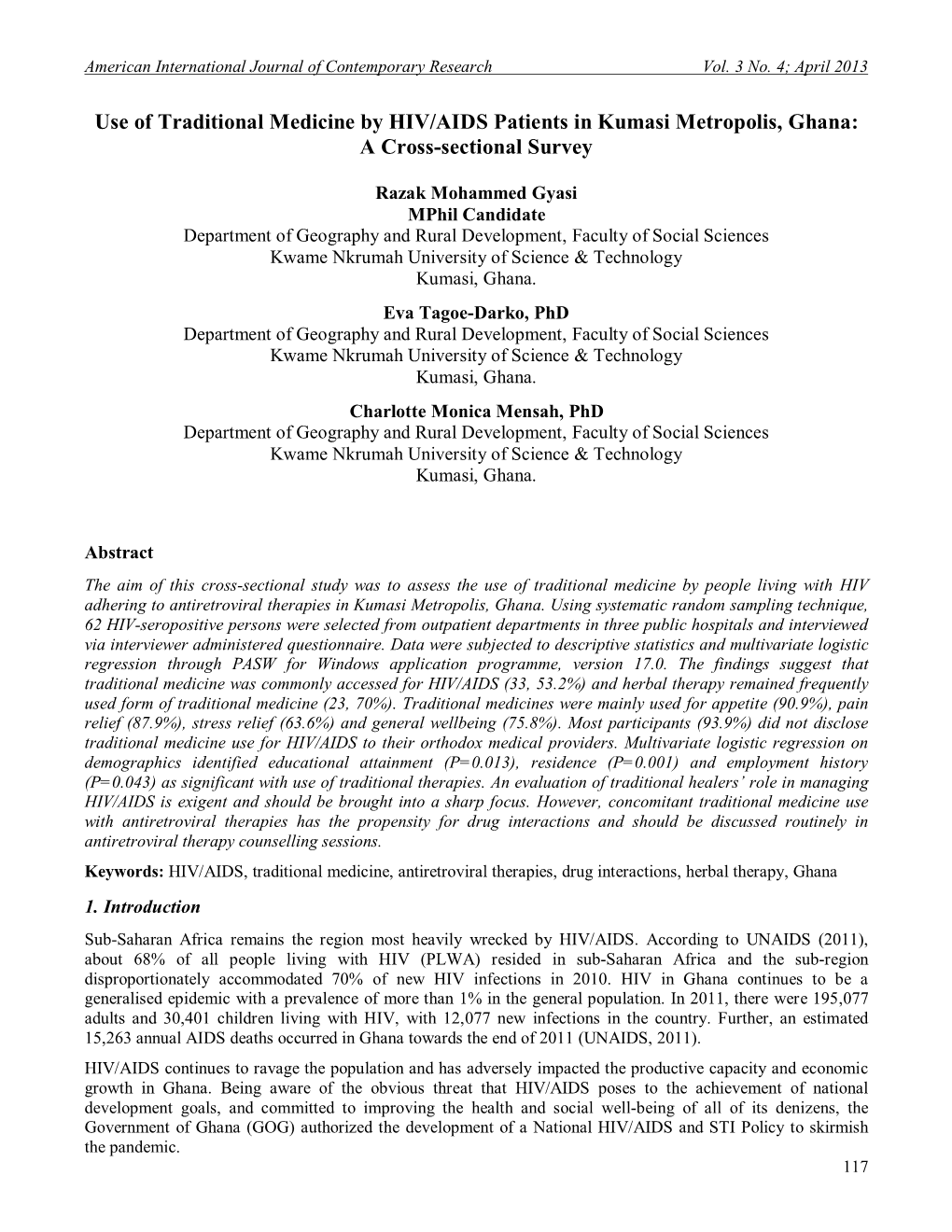 Use of Traditional Medicine by HIV/AIDS Patients in Kumasi Metropolis, Ghana: a Cross-Sectional Survey