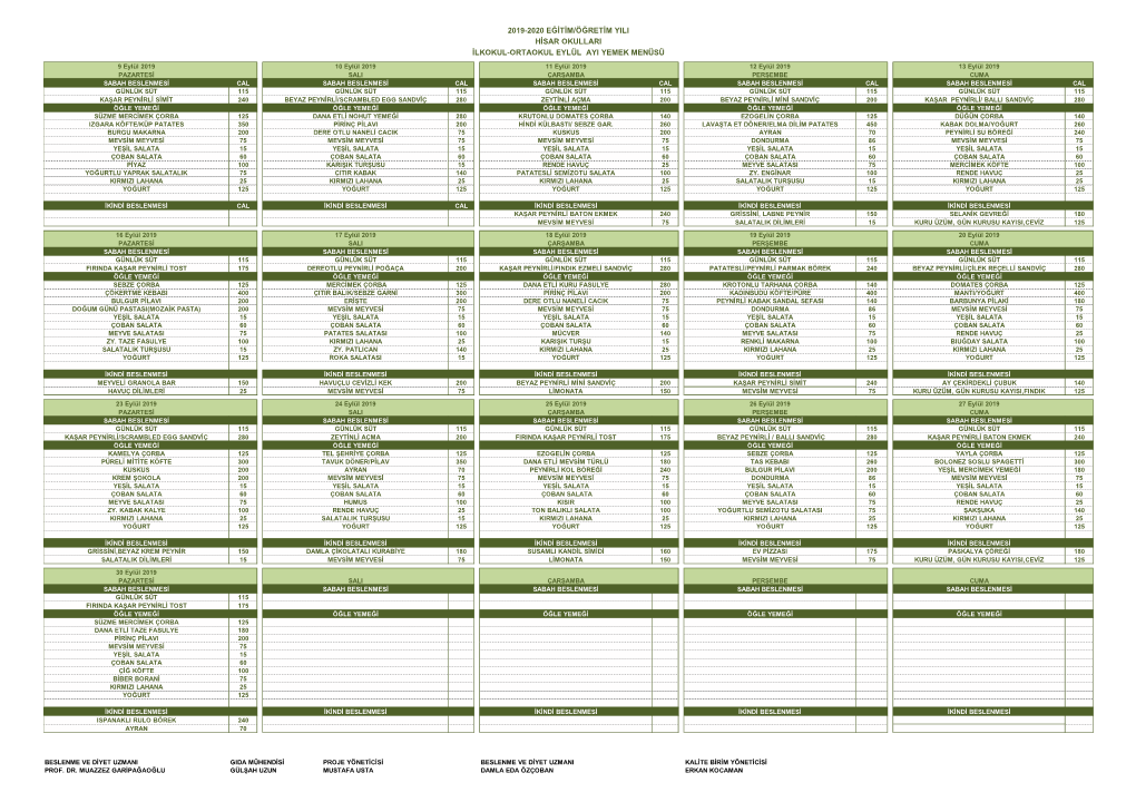 İlkokul-Ortaokul Eylül 2019 Menü