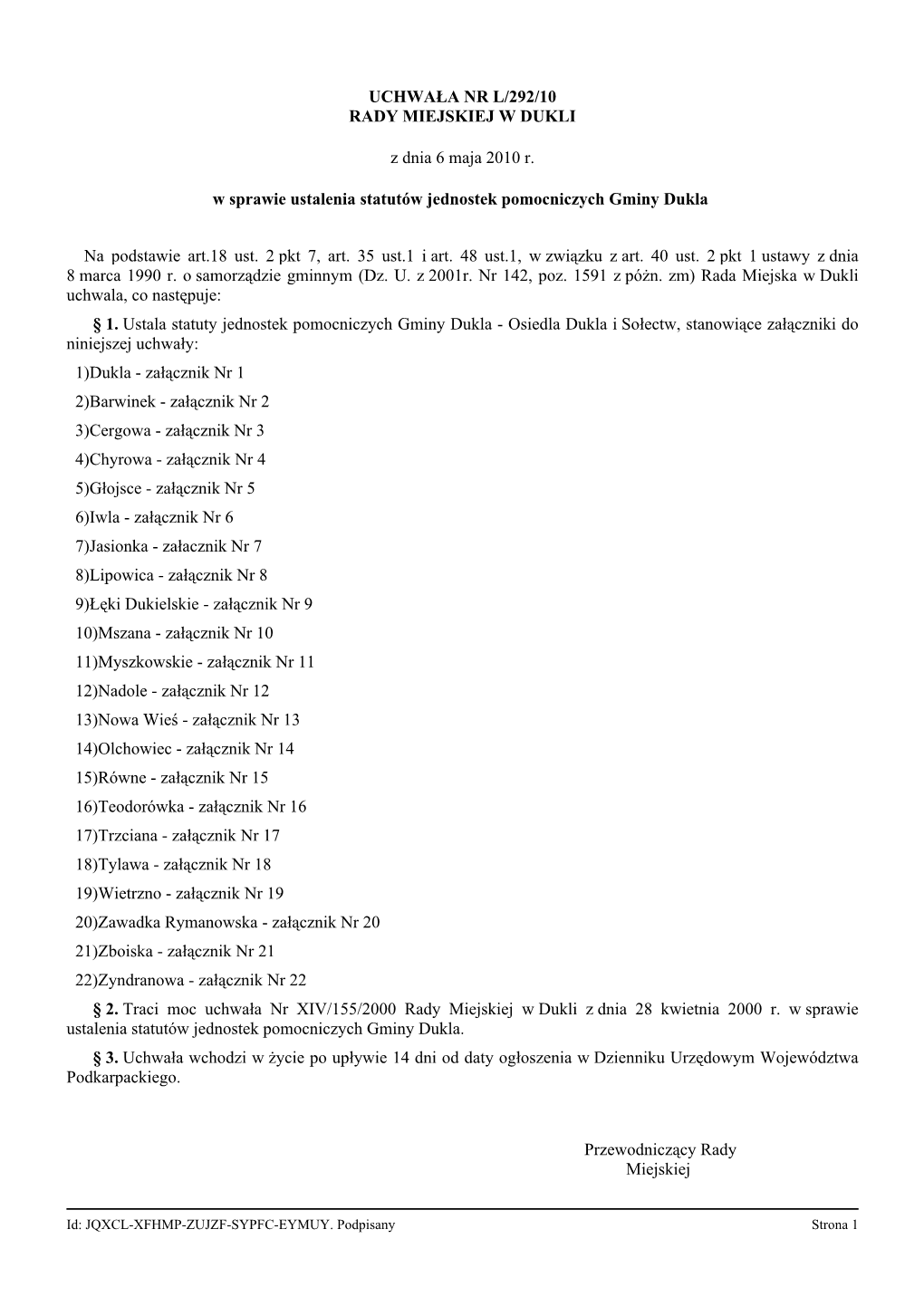 UCHWAŁA NR L/292/10 RADY MIEJSKIEJ W DUKLI Z Dnia 6 Maja 2010 R. W Sprawie Ustalenia Statutów Jednostek Pomocniczych Gminy