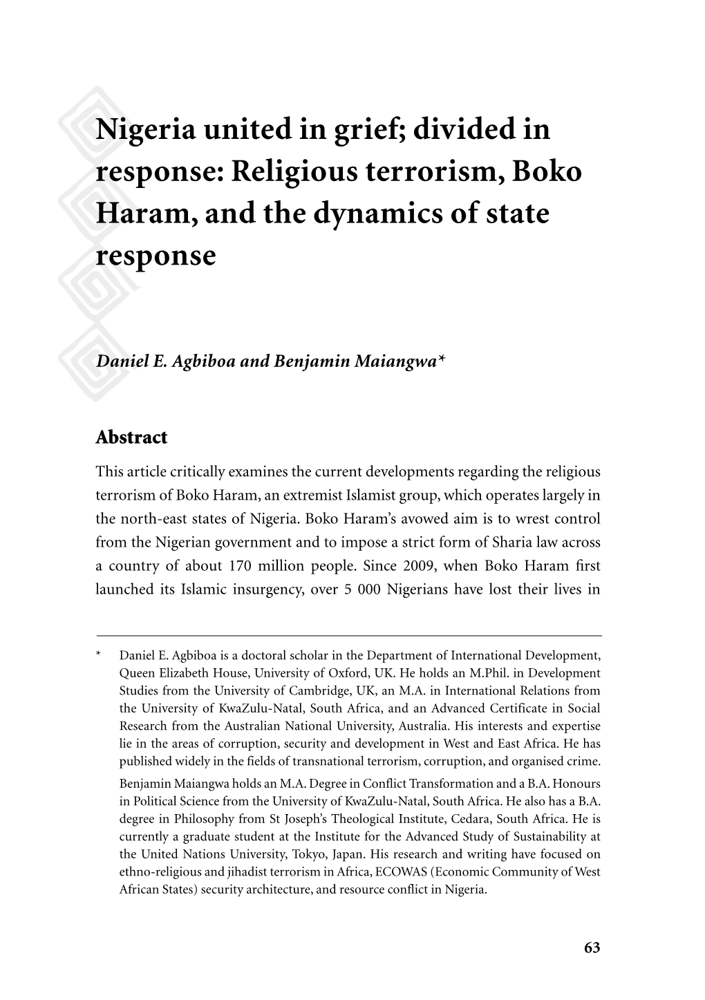 Religious Terrorism, Boko Haram, and the Dynamics of State Response