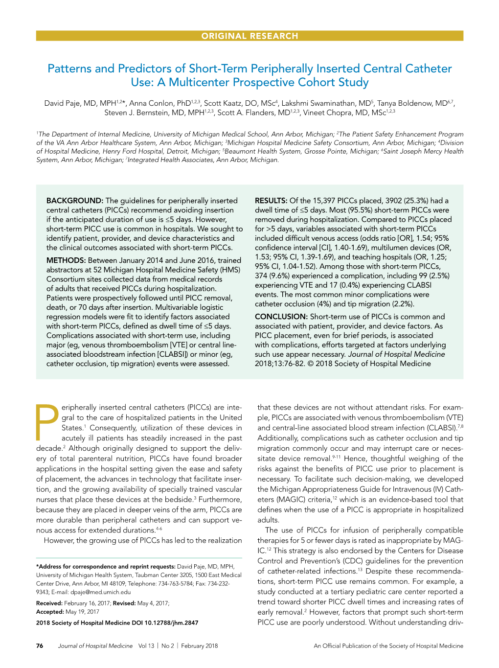 Patterns and Predictors of Short-Term Peripherally Inserted Central Catheter Use: a Multicenter Prospective Cohort Study