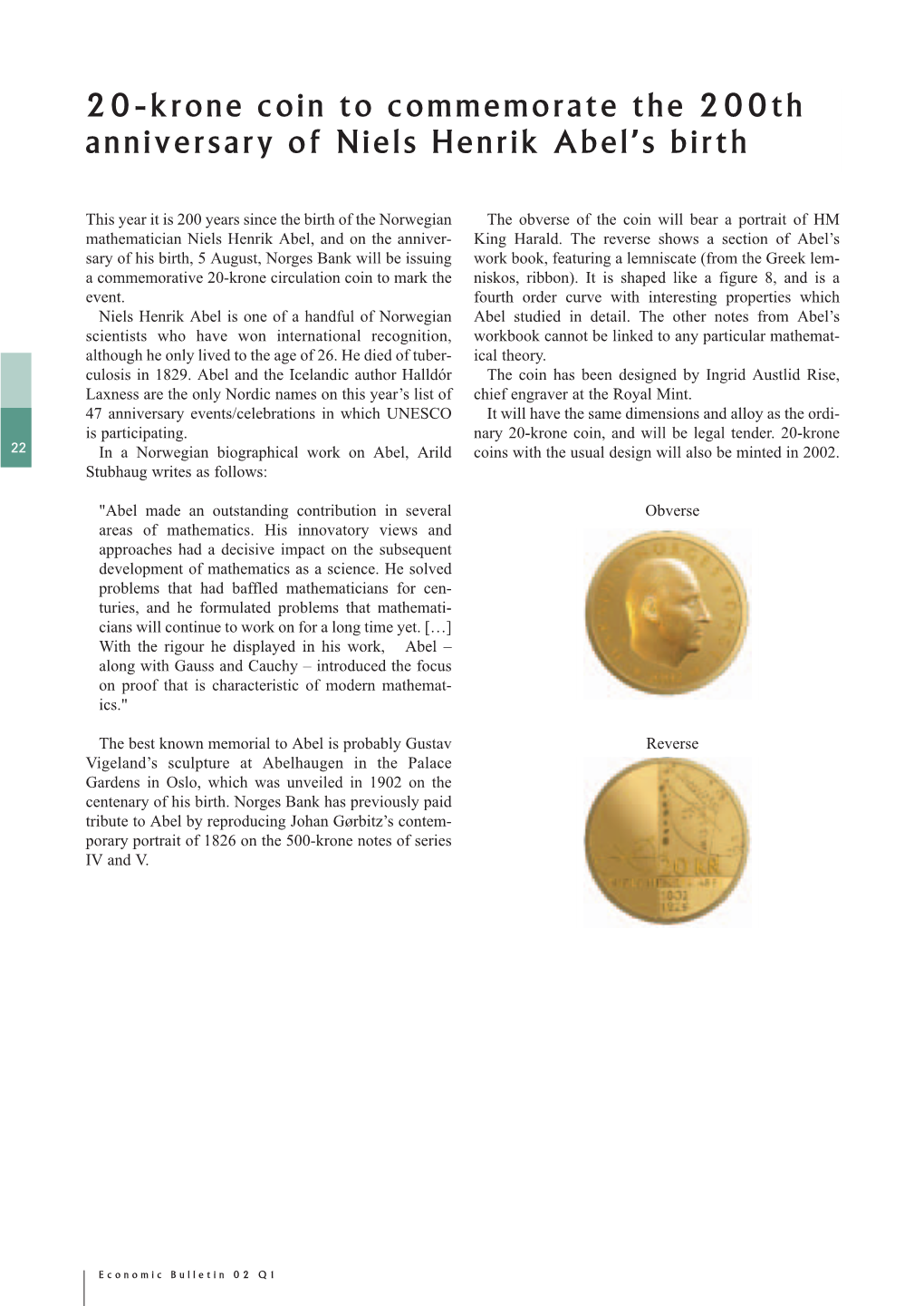 20-Krone Coin to Commemorate the 200Th Anniversary of Niels Henrik Abel’S Birth