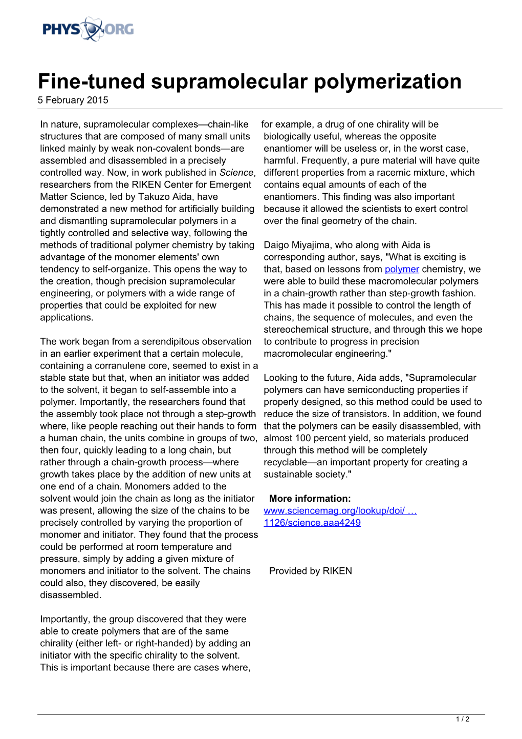 Fine-Tuned Supramolecular Polymerization 5 February 2015