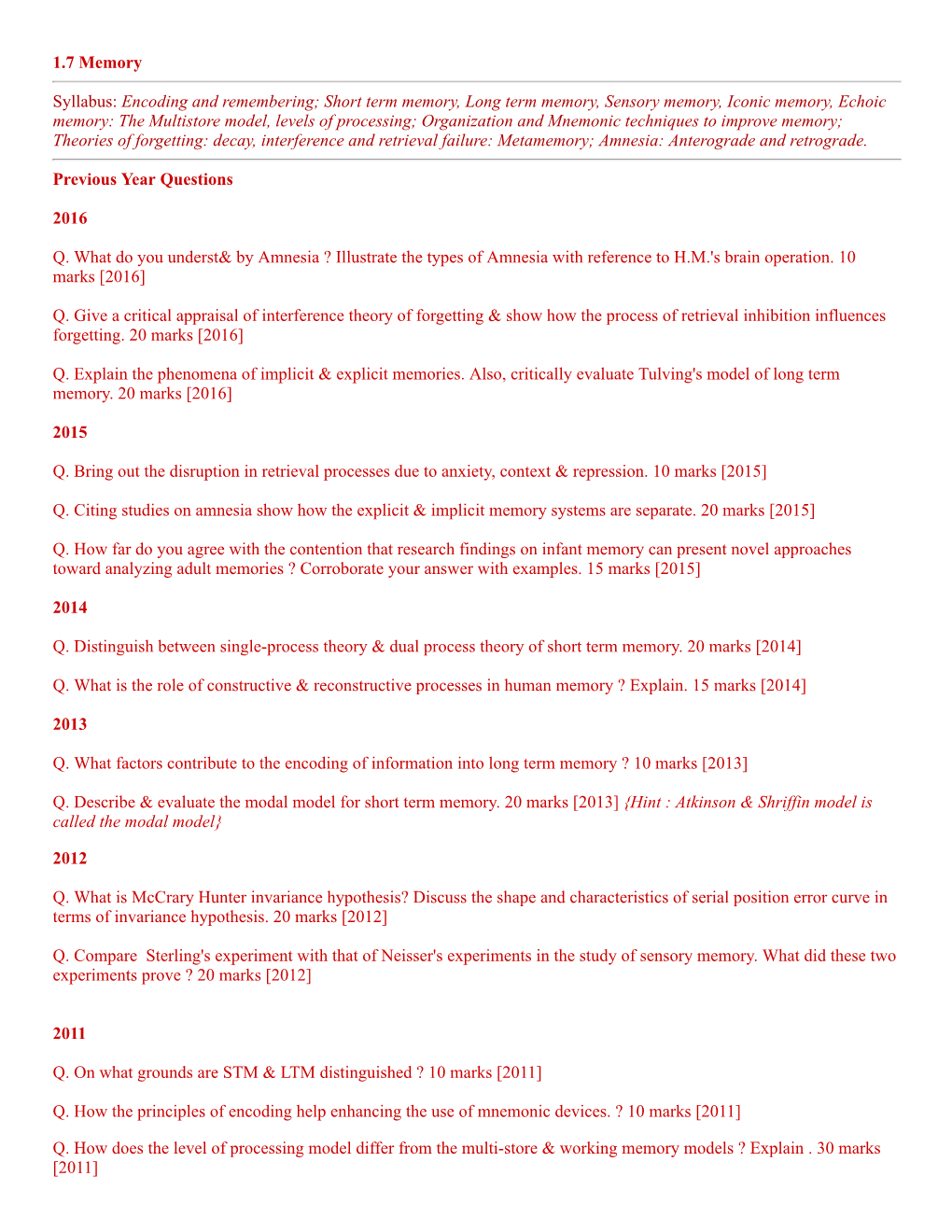 1.7 Memory Syllabus: Encoding and Remembering; Short Term