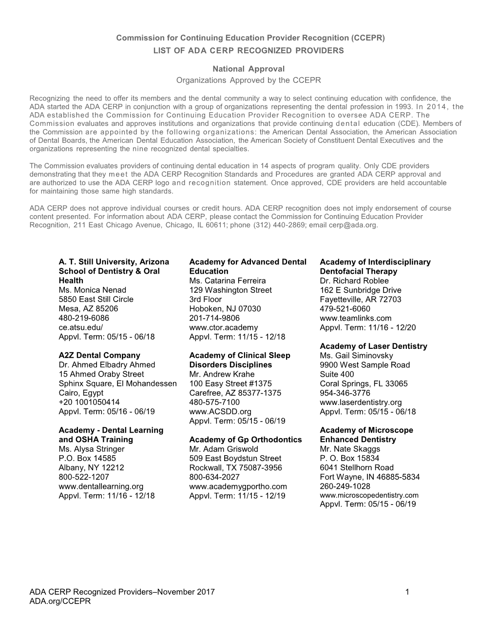 CCEPR.Org: List of ADA CERP Recognized Providers National