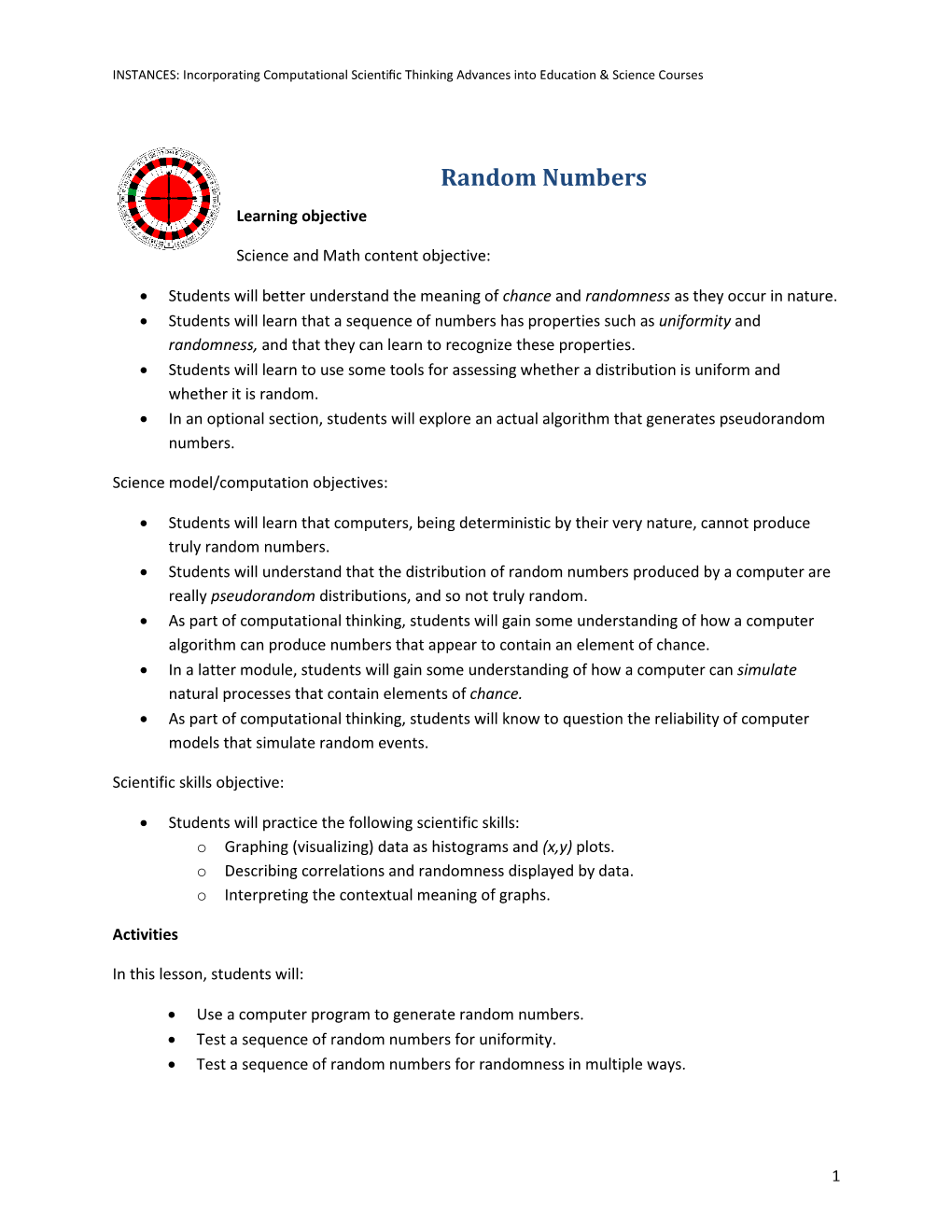 Random Numbers Learning Objective