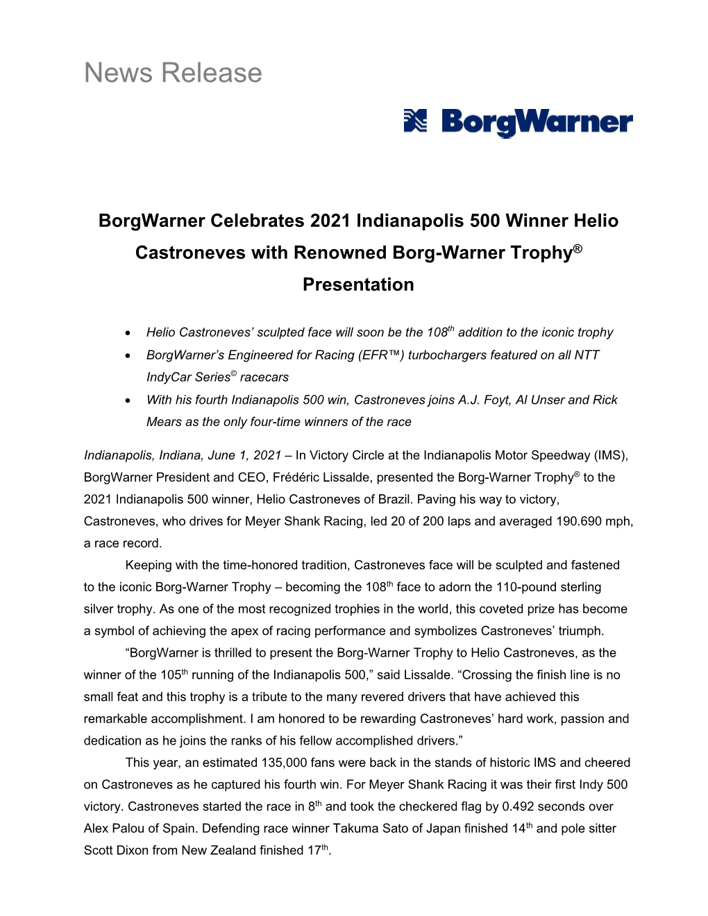 Borgwarner Celebrates 2021 Indianapolis 500 Winner Helio Castroneves with Renowned Borg-Warner Trophy® Presentation