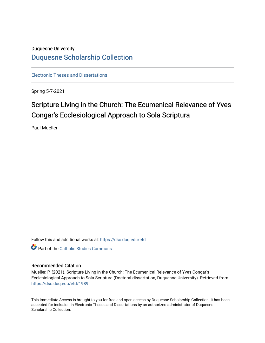 Scripture Living in the Church: the Ecumenical Relevance of Yves Congar's Ecclesiological Approach to Sola Scriptura