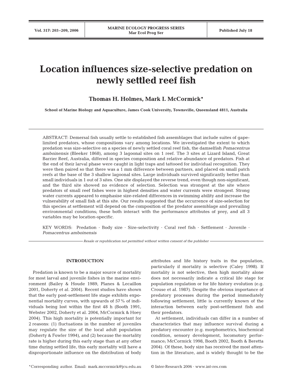 Location Influences Size-Selective Predation on Newly Settled Reef Fish