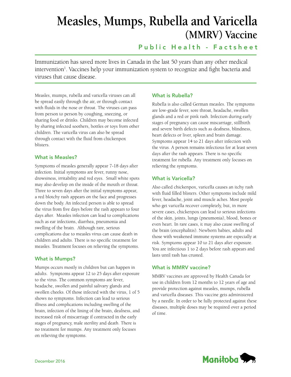 Measles, Mumps, Rubella and Varicella (MMRV) Vaccine Public Health - Factsheet