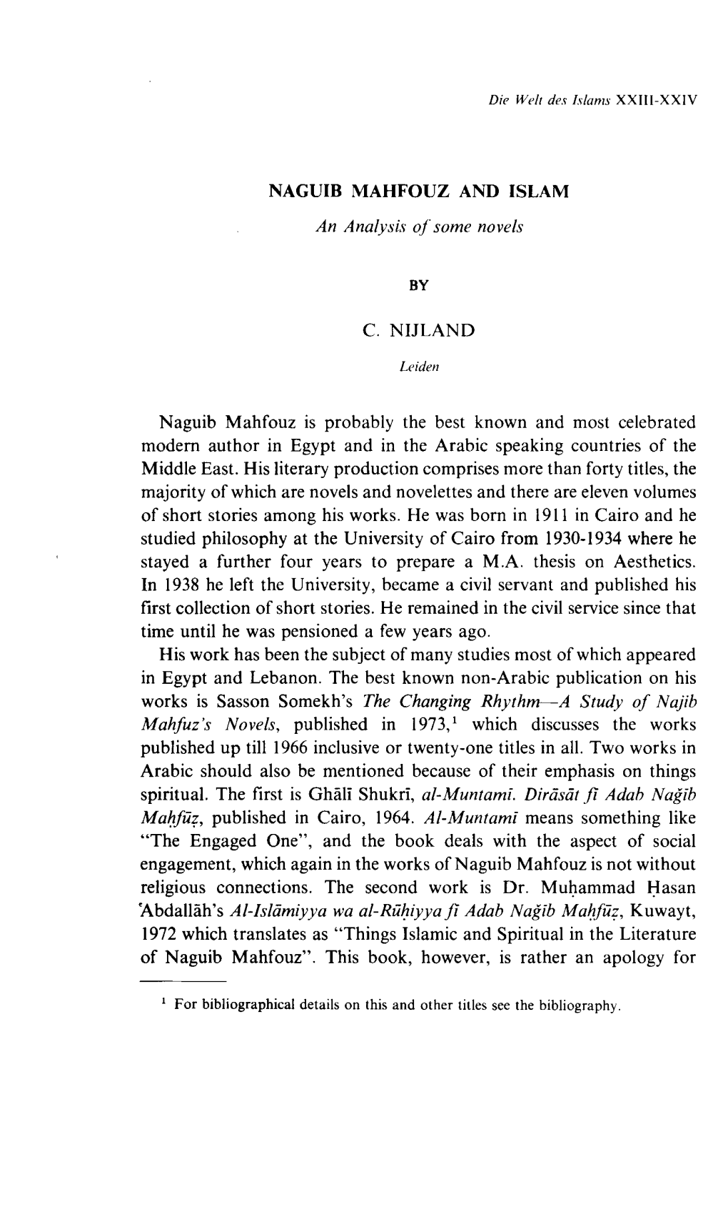 NAGUIB MAHFOUZ and ISLAM an Analysis of Some Novels by C