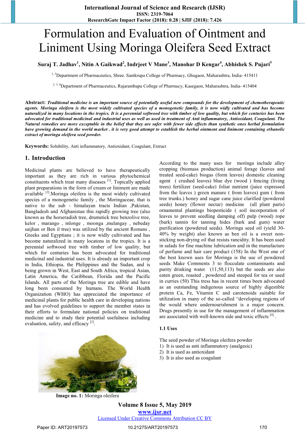 Formulation and Evaluation of Ointment and Liniment Using Moringa Oleifera Seed Extract