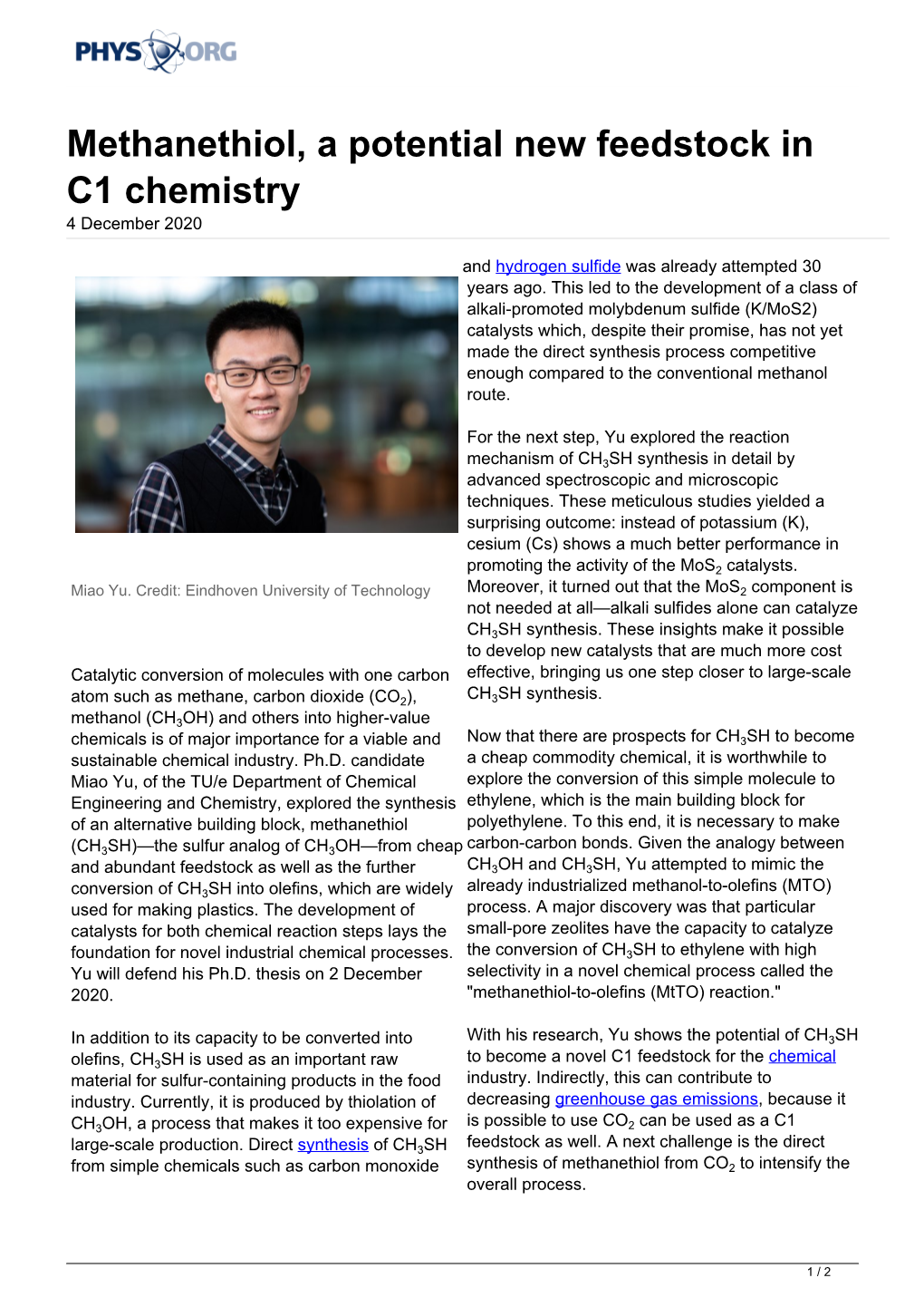 Methanethiol, a Potential New Feedstock in C1 Chemistry 4 December 2020