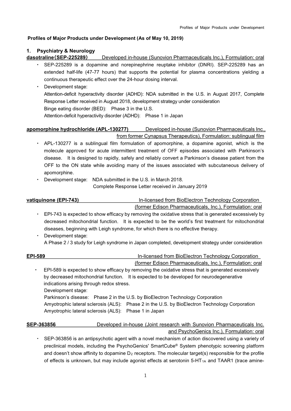 Sunovion Pharmaceuticals Inc.), Formulation: Oral ・ SEP-225289 Is a Dopamine and Norepinephrine Reuptake Inhibitor (DNRI)