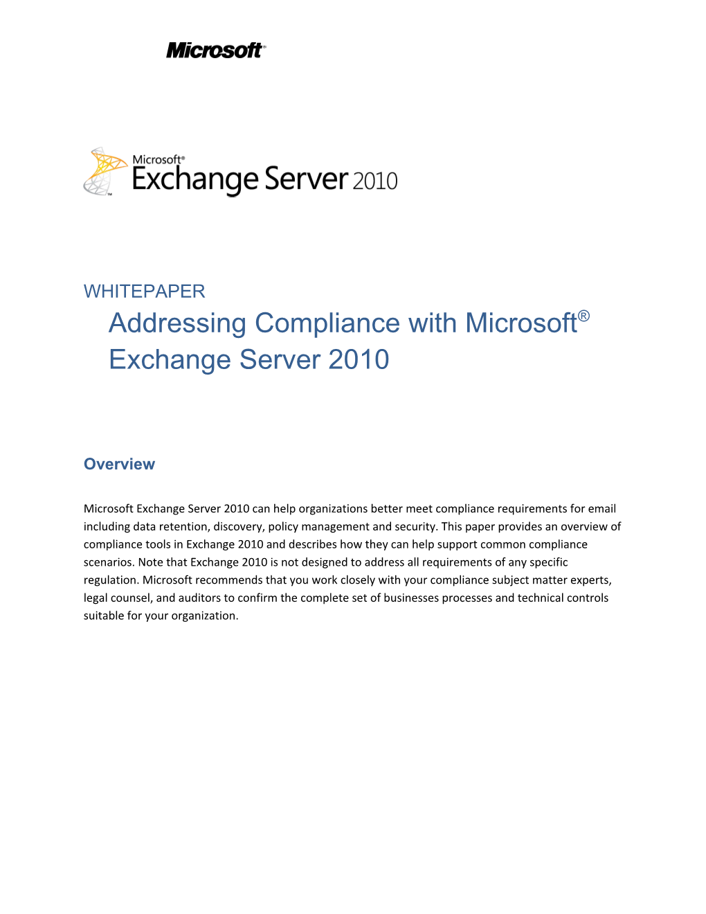 Whitepaperaddressing Compliance with Microsoft Exchange Server 2010