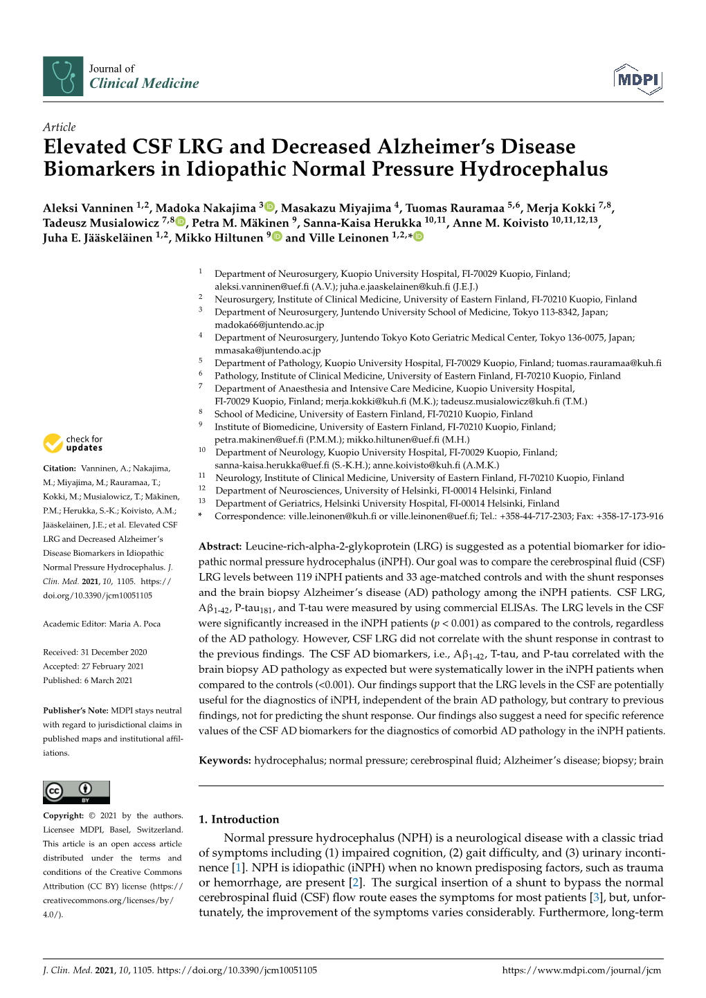 Elevated CSF LRG and Decreased Alzheimer's Disease Biomarkers In