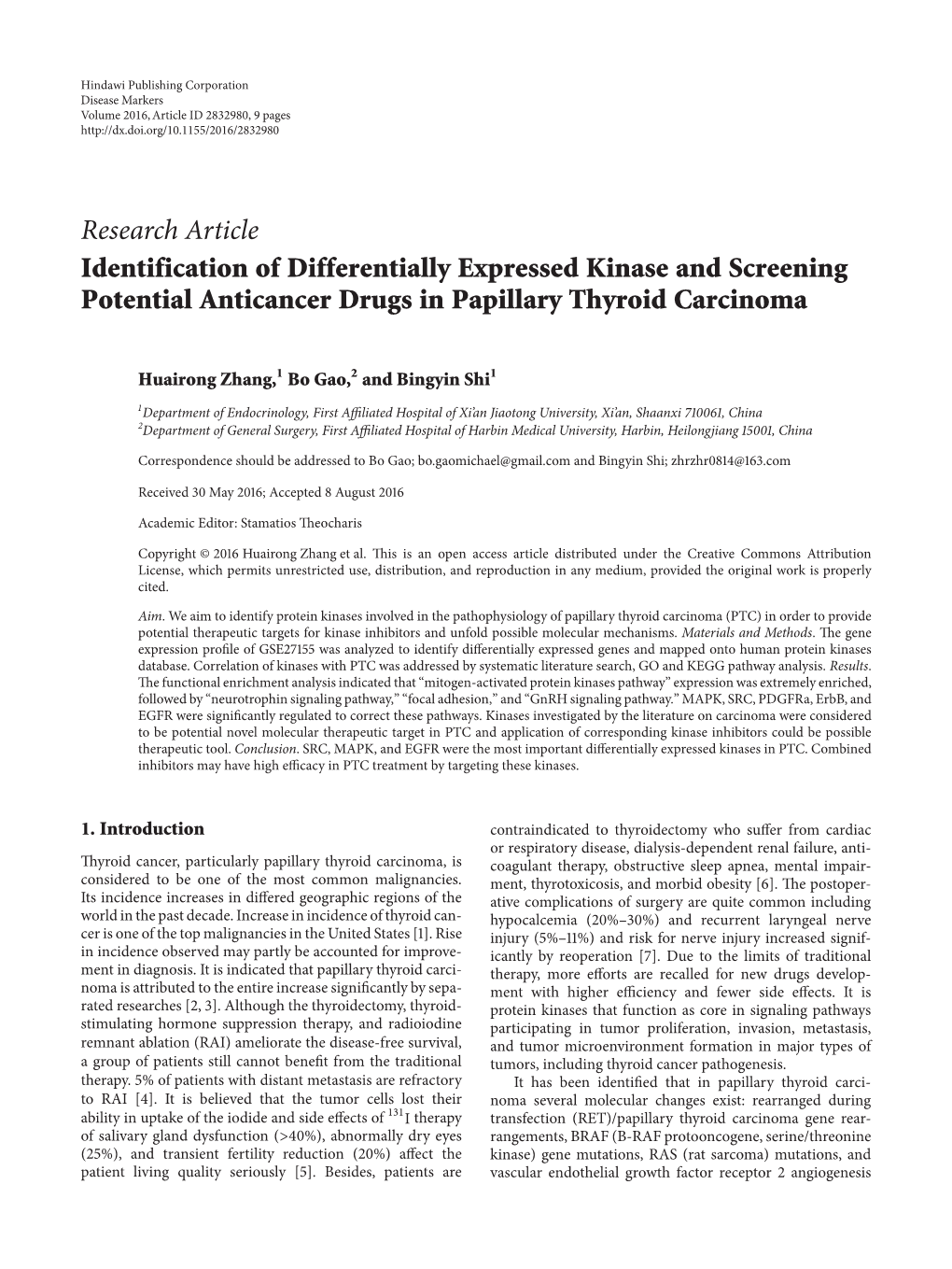 Research Article Identification of Differentially Expressed Kinase and Screening Potential Anticancer Drugs in Papillary Thyroid Carcinoma