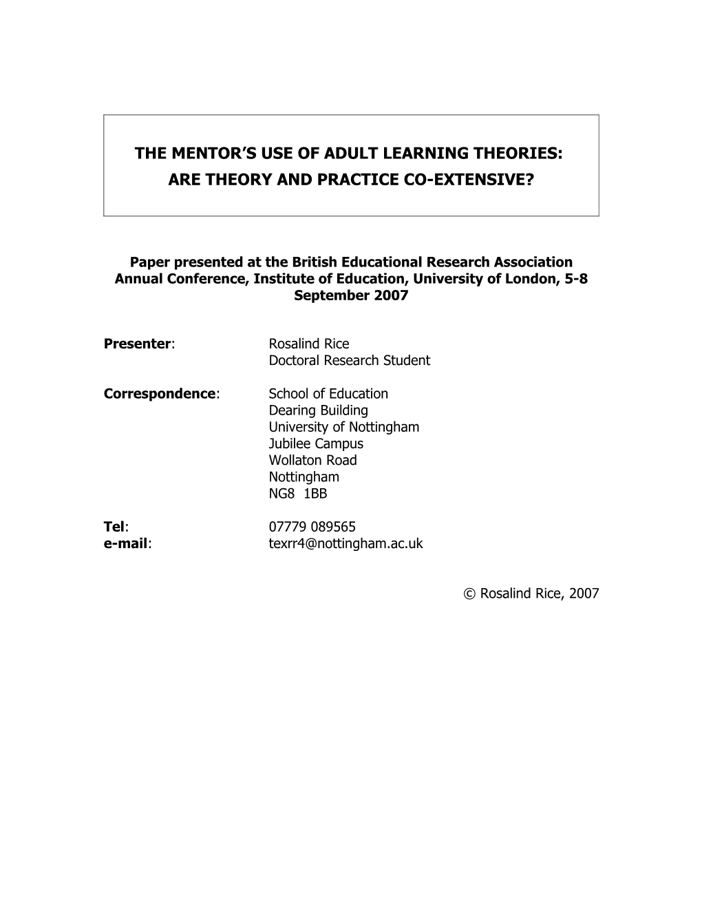 The Mentor S Use of Adult Learning Theories