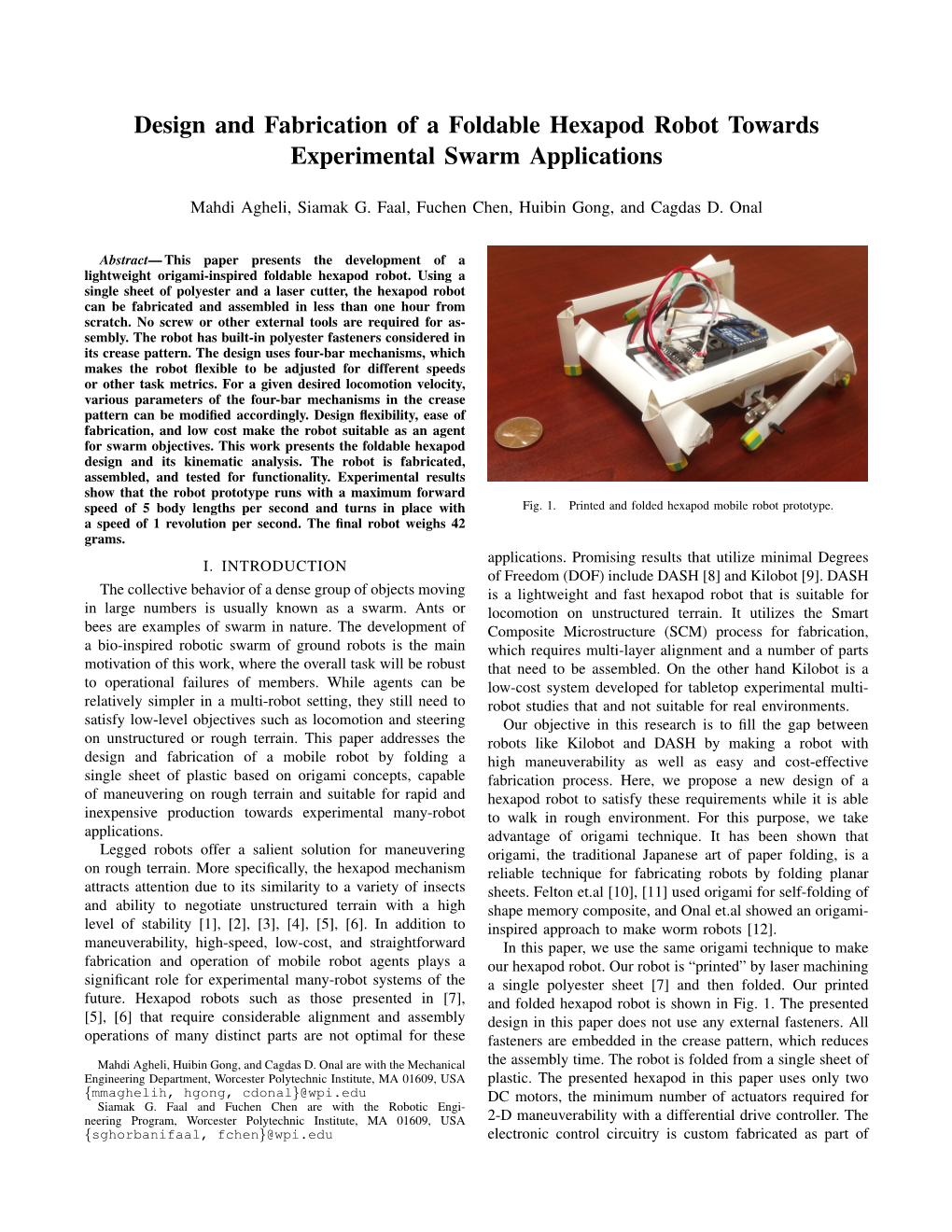 Design and Fabrication of a Foldable Hexapod Robot Towards Experimental Swarm Applications